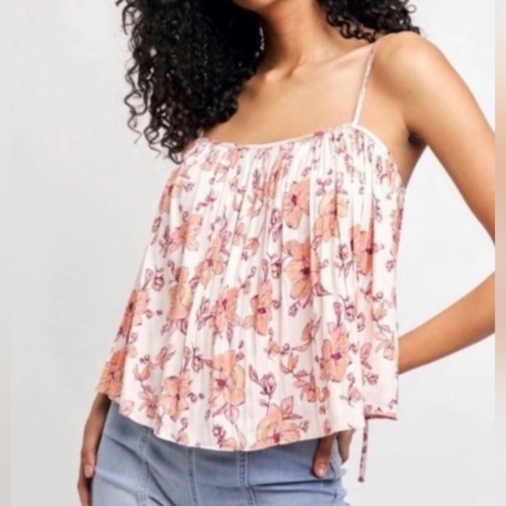 Free People Pink Floral Pleated Spaghetti Strap Tank